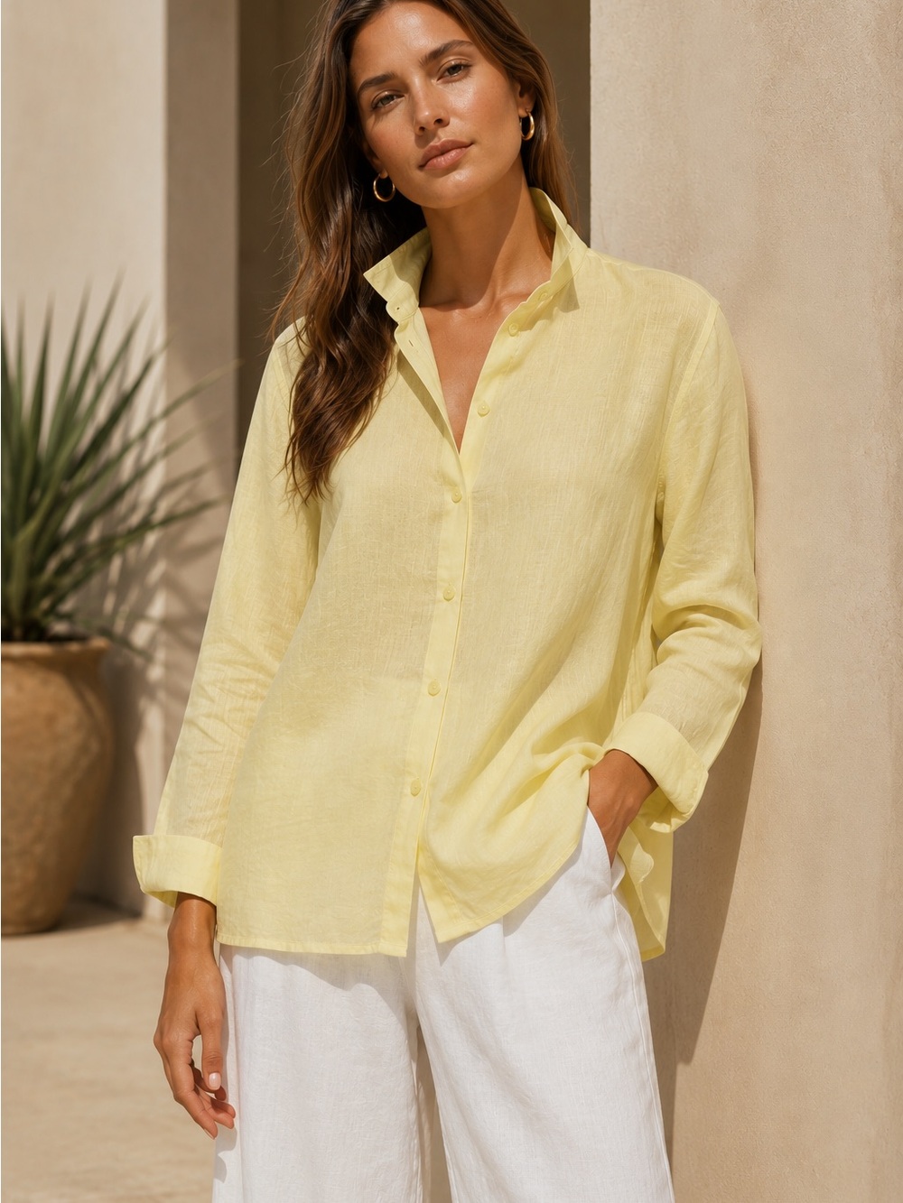 Eileen Fisher Pale Yellow Mandarin Collar Button-Down Shirt Size M